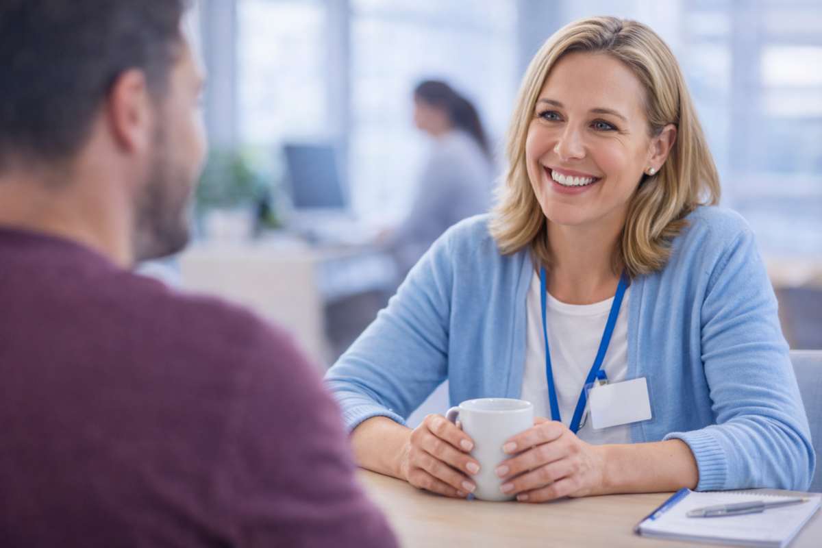 Friendly staff member speaking with a visitor